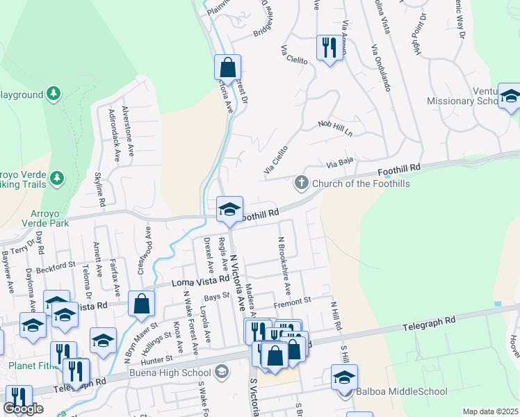 map of restaurants, bars, coffee shops, grocery stores, and more near 6110 Cobblestone Drive in Ventura