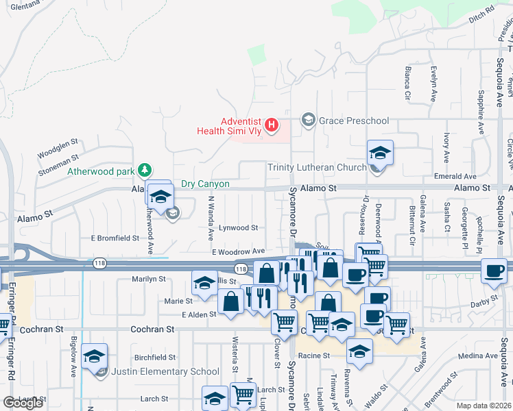 map of restaurants, bars, coffee shops, grocery stores, and more near 2768 Beth Place in Simi Valley