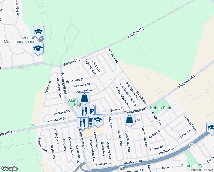 map of restaurants, bars, coffee shops, grocery stores, and more near 8139 Loma Vista Road in Ventura