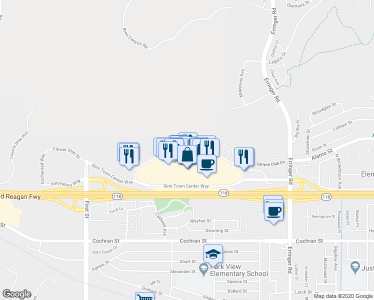 map of restaurants, bars, coffee shops, grocery stores, and more near 1531 Jefferson Way in Simi Valley