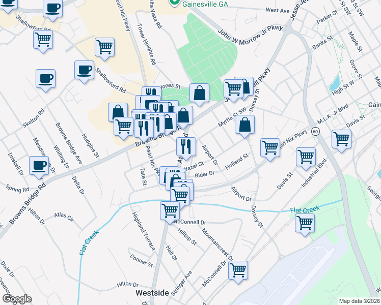 map of restaurants, bars, coffee shops, grocery stores, and more near 1320 Ralston Street in Gainesville