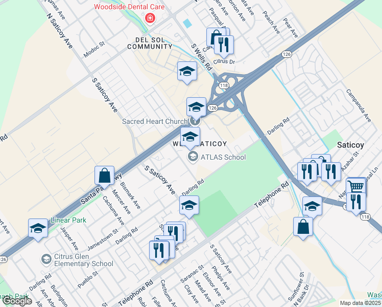 map of restaurants, bars, coffee shops, grocery stores, and more near 760 Jazmin Avenue in Ventura