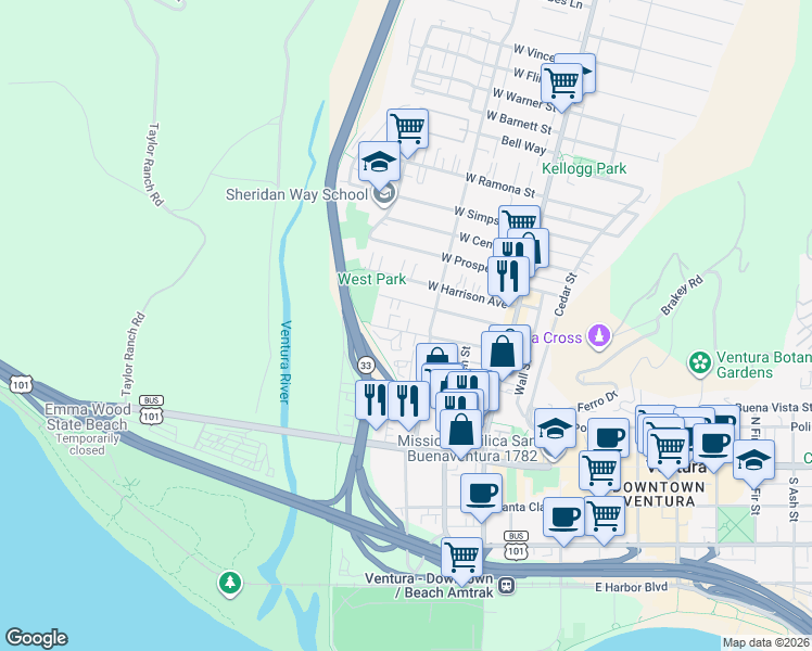 map of restaurants, bars, coffee shops, grocery stores, and more near 267 West Park Row Avenue in Ventura