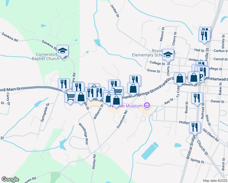 map of restaurants, bars, coffee shops, grocery stores, and more near 200 Franklin Springs Street in Royston
