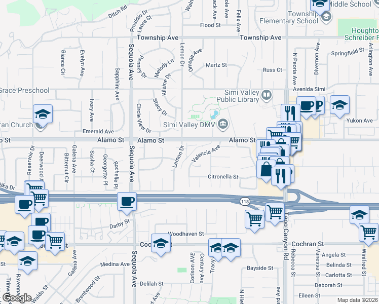 map of restaurants, bars, coffee shops, grocery stores, and more near 2756 Lemon Drive in Simi Valley
