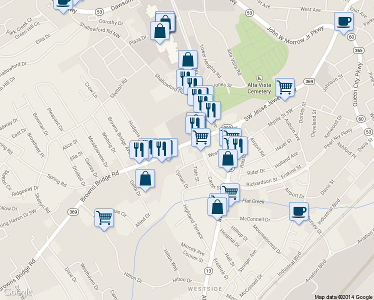 map of restaurants, bars, coffee shops, grocery stores, and more near 1515 Browns Bridge Rd in Gainesville
