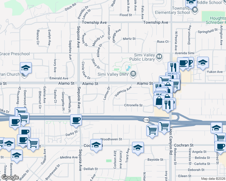 map of restaurants, bars, coffee shops, grocery stores, and more near 2756 Lemon Drive in Simi Valley