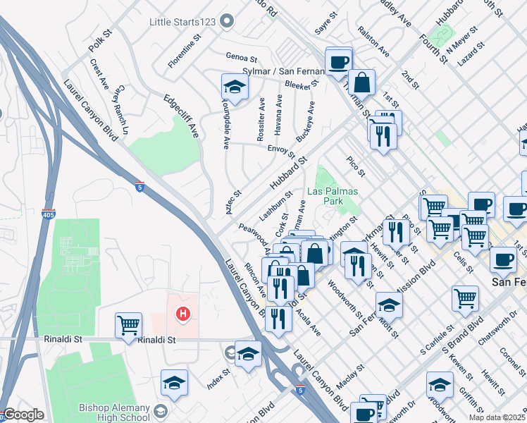 map of restaurants, bars, coffee shops, grocery stores, and more near 753 Lashburn Street in San Fernando