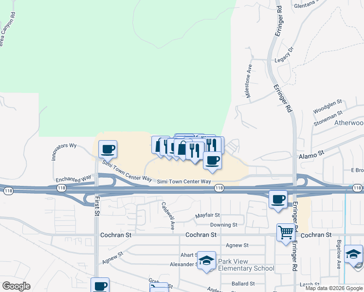 map of restaurants, bars, coffee shops, grocery stores, and more near 1507 East jefferson Way in Simi Valley