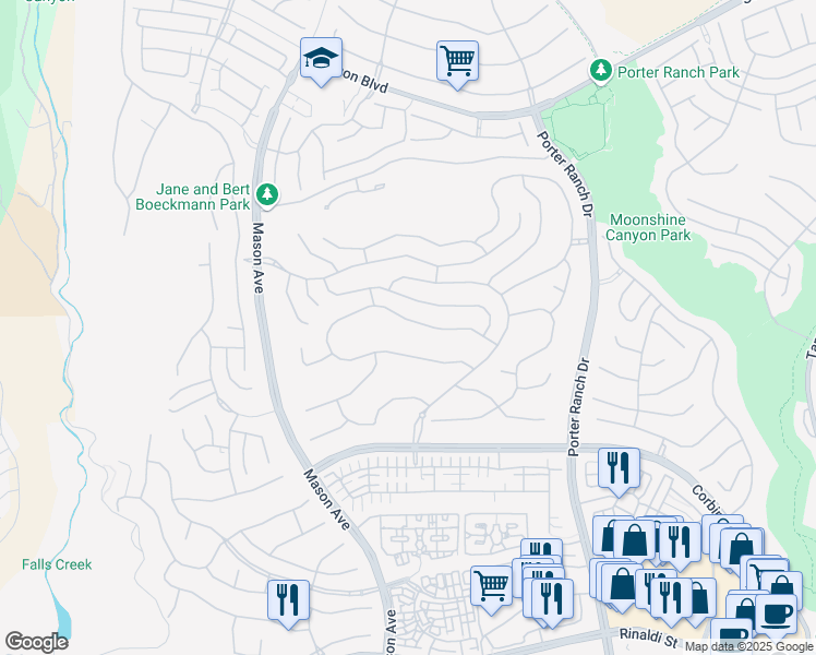 map of restaurants, bars, coffee shops, grocery stores, and more near 20326 Liverpool Way in Los Angeles