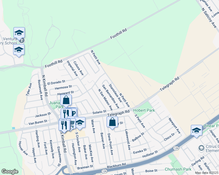 map of restaurants, bars, coffee shops, grocery stores, and more near 147 Stanislaus Avenue in Ventura