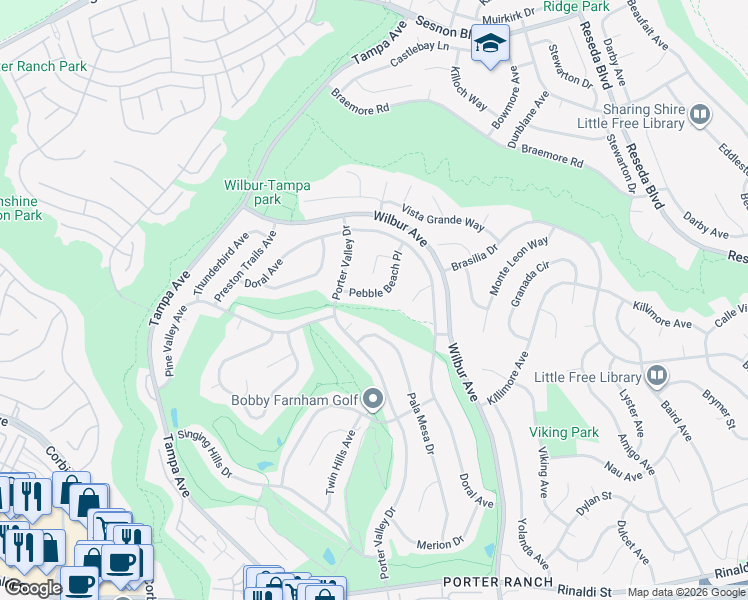 map of restaurants, bars, coffee shops, grocery stores, and more near 19262 Pebble Beach Place in Los Angeles