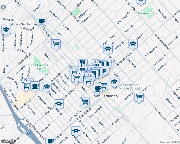 map of restaurants, bars, coffee shops, grocery stores, and more near 1318 1st Street in San Fernando