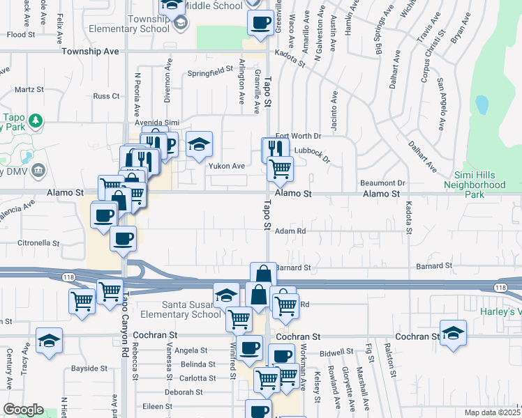 map of restaurants, bars, coffee shops, grocery stores, and more near 2775 Tapo Street in Simi Valley