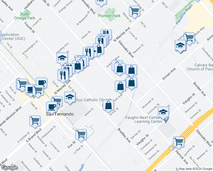 map of restaurants, bars, coffee shops, grocery stores, and more near 799 Library Street in San Fernando