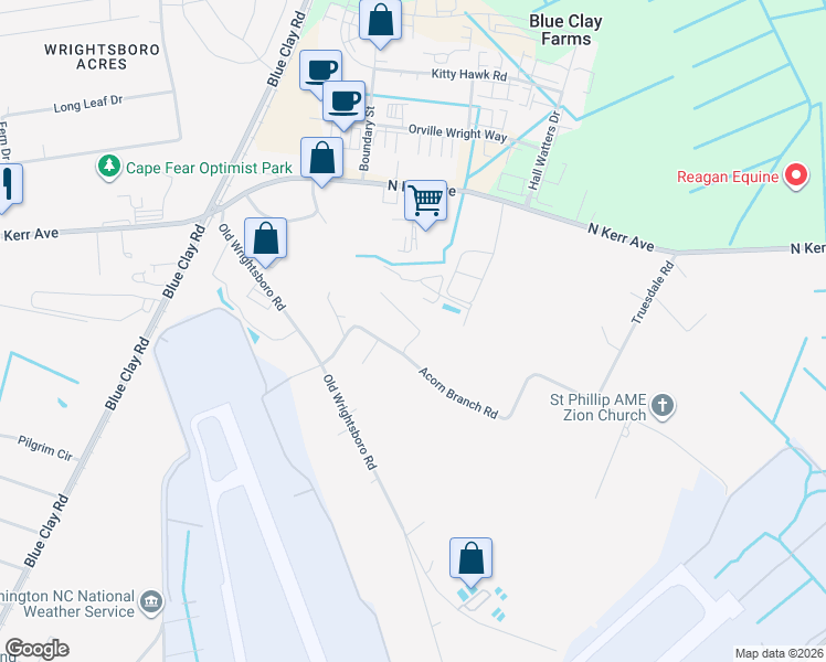 map of restaurants, bars, coffee shops, grocery stores, and more near 2517 Acorn Branch Road in Wilmington