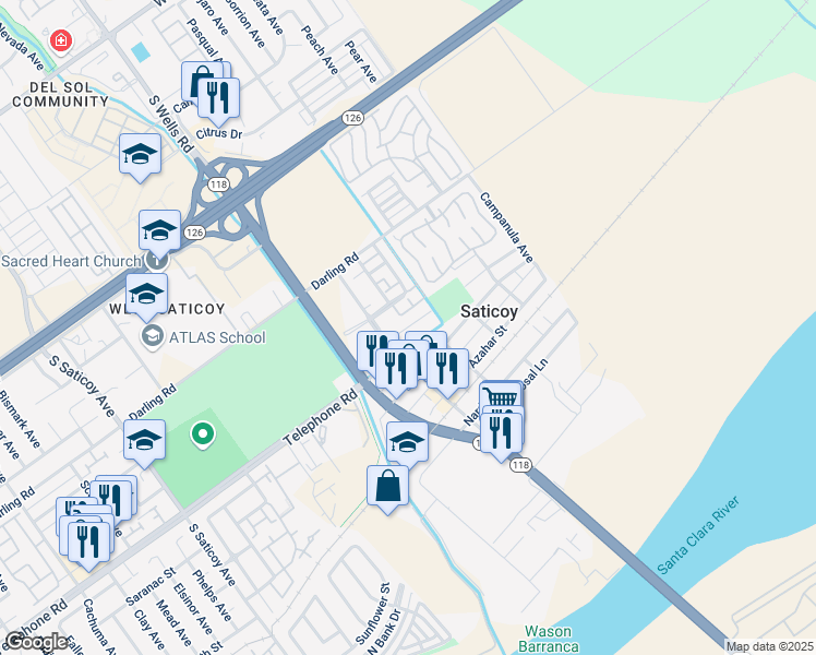 map of restaurants, bars, coffee shops, grocery stores, and more near 11147 Aster Street in Ventura