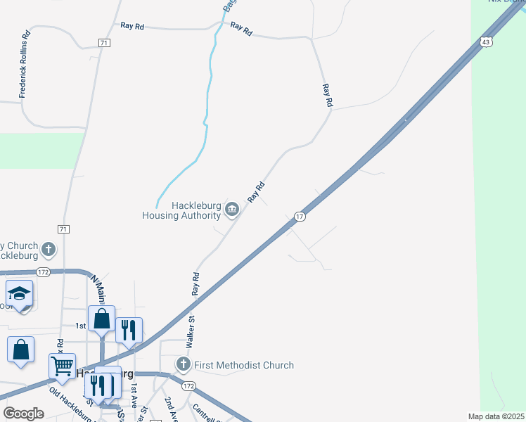 map of restaurants, bars, coffee shops, grocery stores, and more near 303 Ray Road in Hackleburg