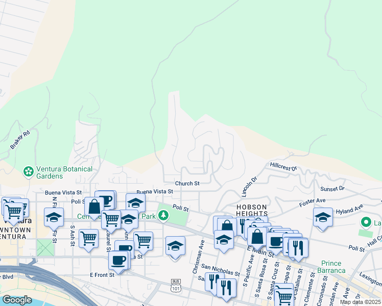 map of restaurants, bars, coffee shops, grocery stores, and more near 368 Mariposa Drive in Ventura