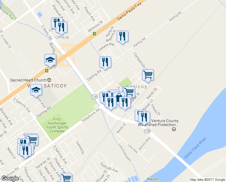 map of restaurants, bars, coffee shops, grocery stores, and more near 11147 Aster Street in Ventura