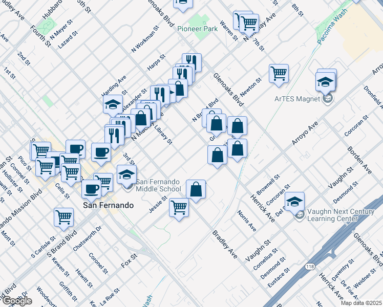 map of restaurants, bars, coffee shops, grocery stores, and more near 517 Griswold Avenue in San Fernando