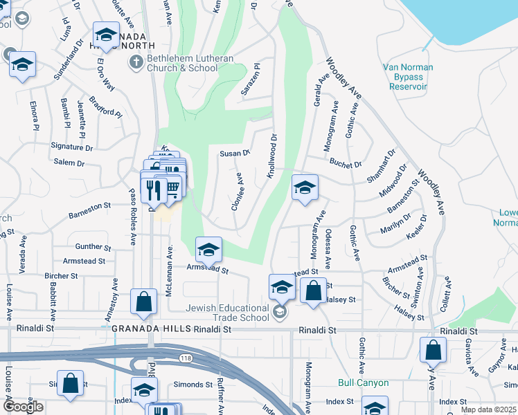 map of restaurants, bars, coffee shops, grocery stores, and more near 16766 Knollwood Drive in Los Angeles