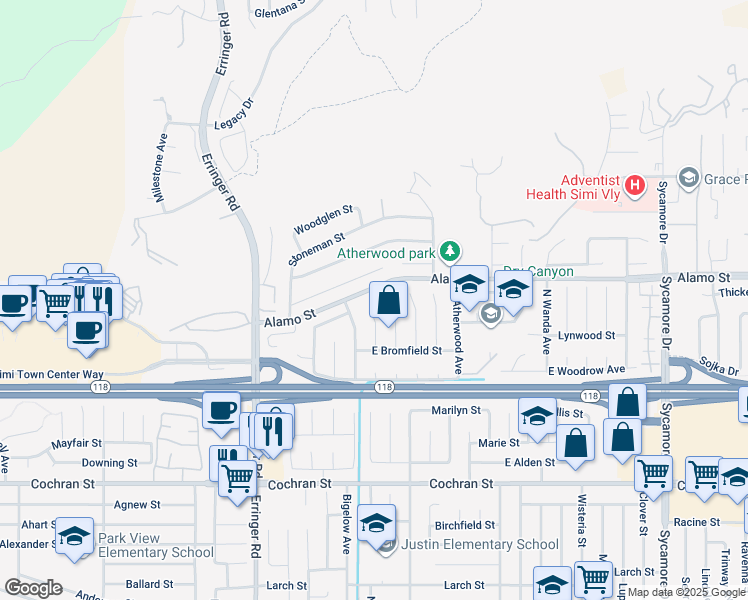 map of restaurants, bars, coffee shops, grocery stores, and more near 2796 North Dalenhurst Place in Simi Valley
