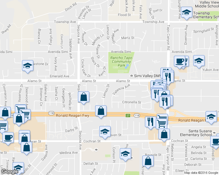 map of restaurants, bars, coffee shops, grocery stores, and more near 2744 Lemon Drive in Simi Valley