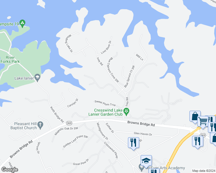 map of restaurants, bars, coffee shops, grocery stores, and more near 3445 Locust Cove Road in Gainesville