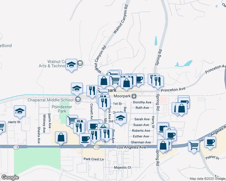 map of restaurants, bars, coffee shops, grocery stores, and more near 95 East High Street in Moorpark