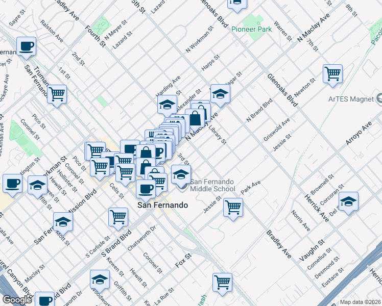 map of restaurants, bars, coffee shops, grocery stores, and more near 321 North Macneil Street in San Fernando