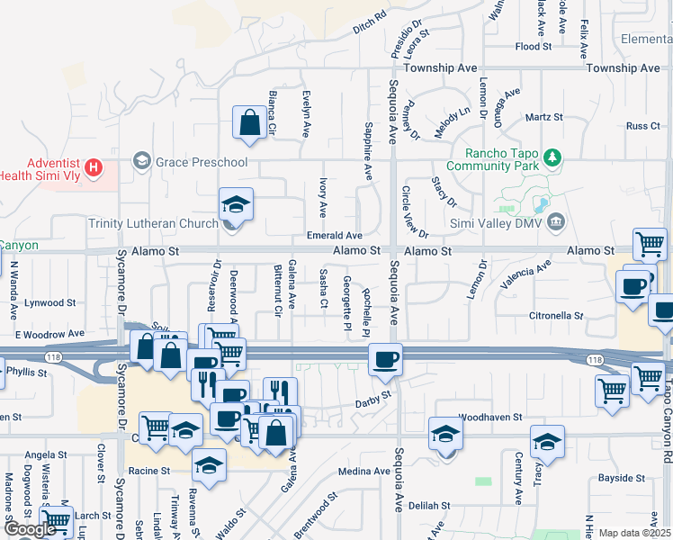 map of restaurants, bars, coffee shops, grocery stores, and more near 3254 Billie Court in Simi Valley
