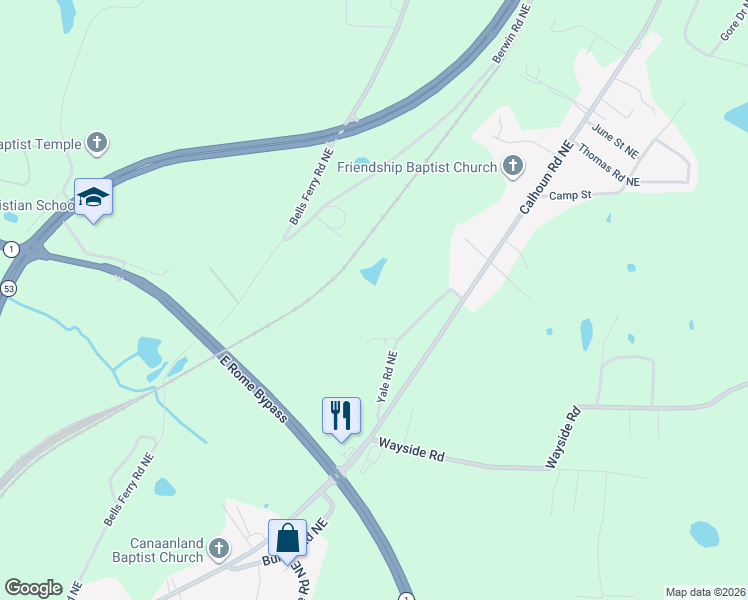 map of restaurants, bars, coffee shops, grocery stores, and more near 121 Yale Road Northeast in Rome