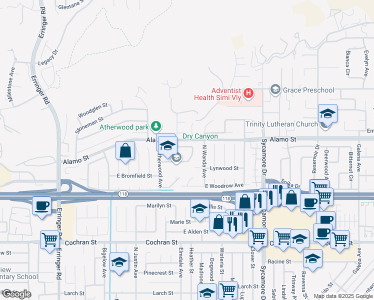 map of restaurants, bars, coffee shops, grocery stores, and more near 2378 Kentfield Street in Simi Valley
