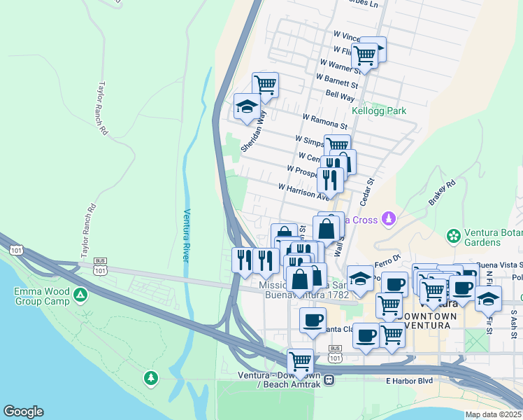 map of restaurants, bars, coffee shops, grocery stores, and more near 275 West Park Row Avenue in Ventura