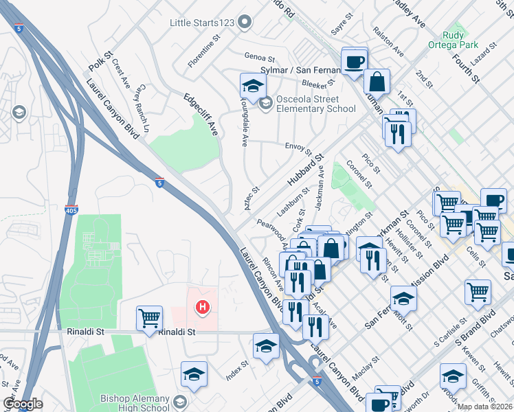 map of restaurants, bars, coffee shops, grocery stores, and more near 14919 Hubbard Street in Los Angeles