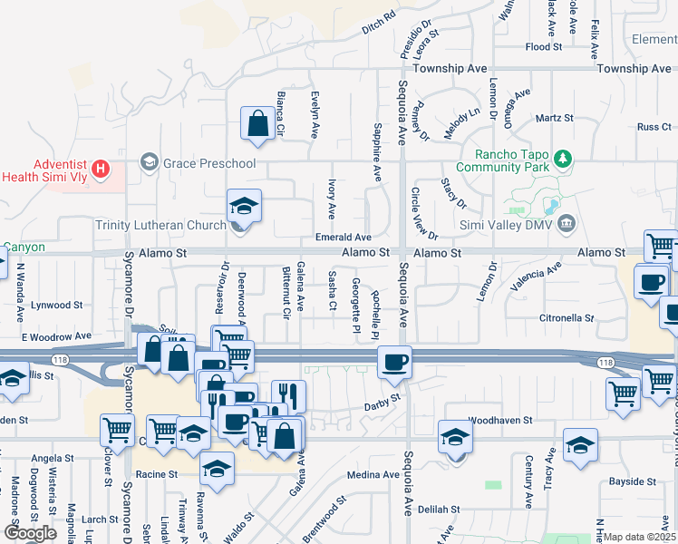 map of restaurants, bars, coffee shops, grocery stores, and more near 3254 Billie Court in Simi Valley