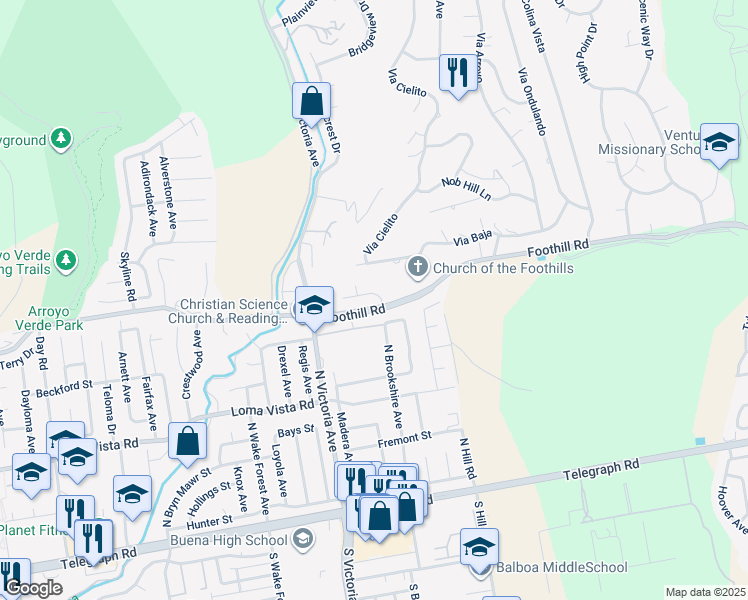 map of restaurants, bars, coffee shops, grocery stores, and more near 6174 Cobblestone Drive in Ventura