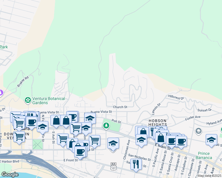 map of restaurants, bars, coffee shops, grocery stores, and more near 349 Aliso Street in Ventura