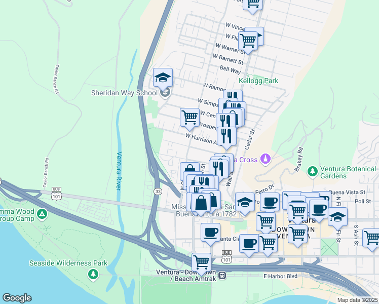 map of restaurants, bars, coffee shops, grocery stores, and more near 332 North Olive Street in Ventura