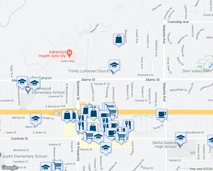 map of restaurants, bars, coffee shops, grocery stores, and more near 2876 Thicket Place in Simi Valley