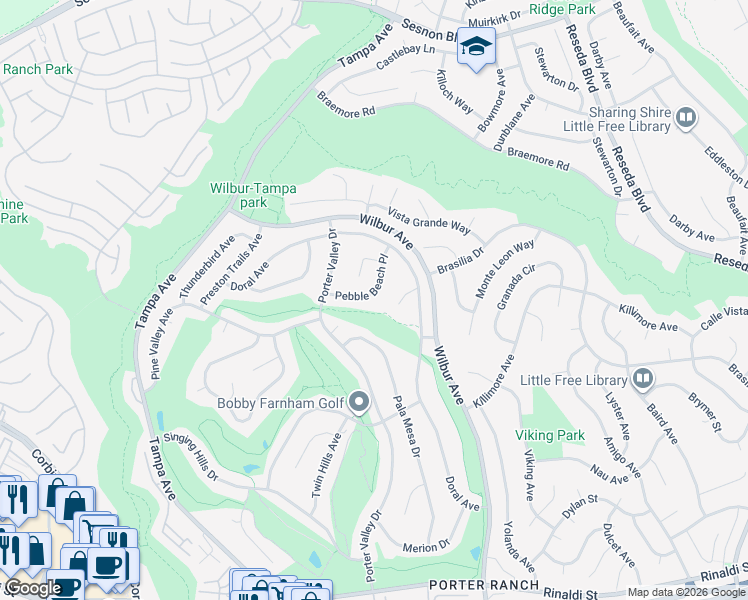 map of restaurants, bars, coffee shops, grocery stores, and more near 19262 Pebble Beach Place in Los Angeles