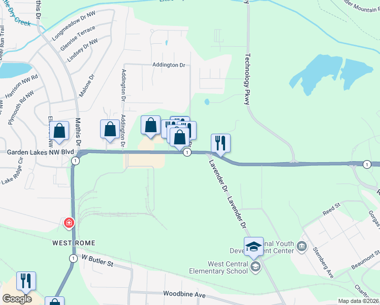 map of restaurants, bars, coffee shops, grocery stores, and more near 1800 Redmond Circle in Rome