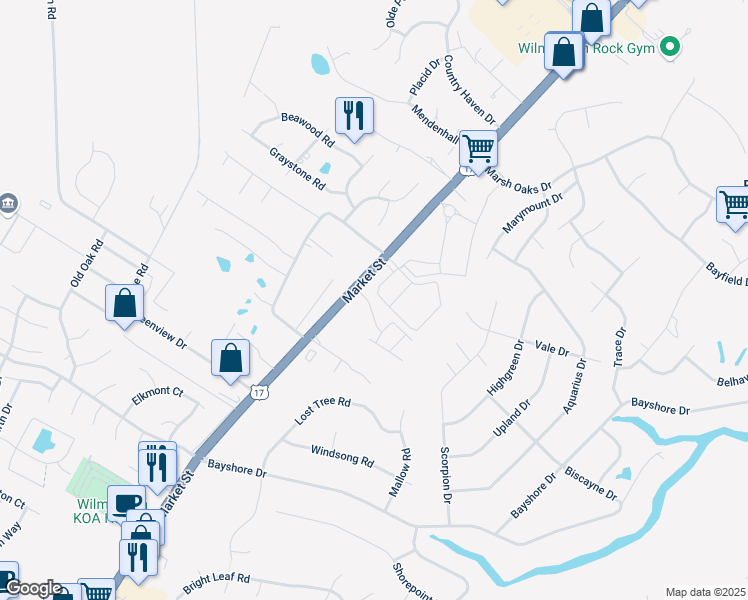 map of restaurants, bars, coffee shops, grocery stores, and more near 112 Amaryllis Drive in Wilmington