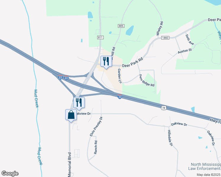map of restaurants, bars, coffee shops, grocery stores, and more near Stone Creek Boulevard in Tupelo