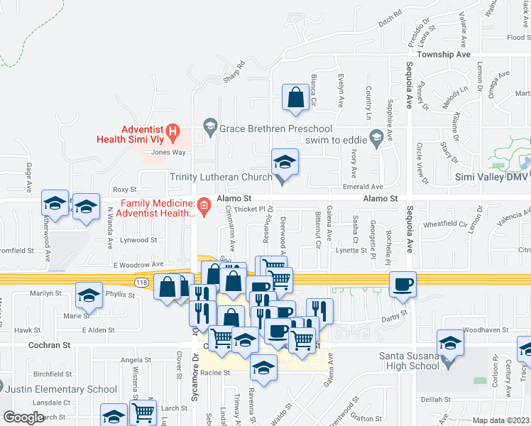 map of restaurants, bars, coffee shops, grocery stores, and more near 2896 Thicket Place in Simi Valley