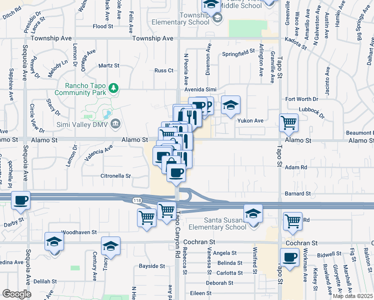 map of restaurants, bars, coffee shops, grocery stores, and more near 2780 Tapo Canyon Road in Simi Valley
