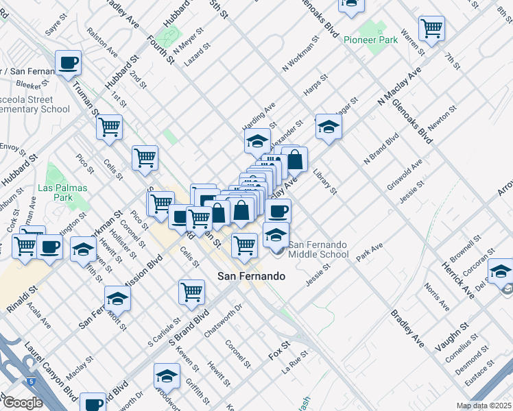 map of restaurants, bars, coffee shops, grocery stores, and more near 225 North Maclay Avenue in San Fernando
