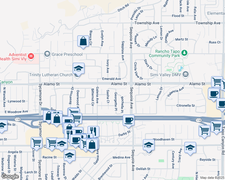 map of restaurants, bars, coffee shops, grocery stores, and more near 3254 Billie Court in Simi Valley