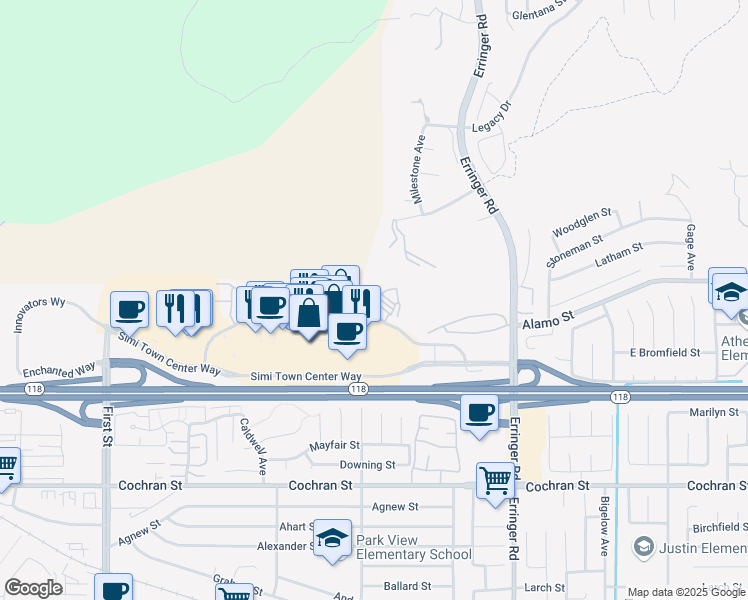 map of restaurants, bars, coffee shops, grocery stores, and more near 1609 East jefferson Way in Simi Valley